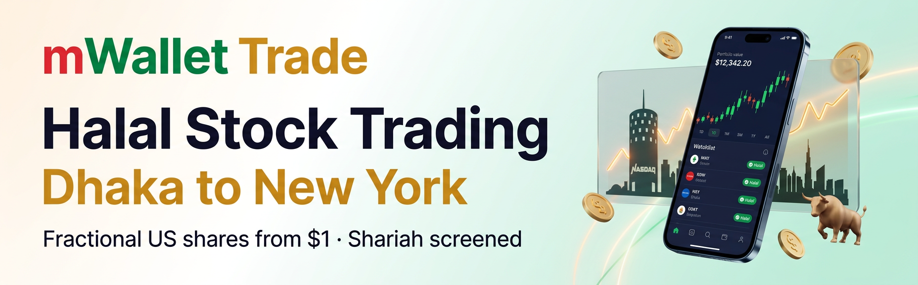 mWallet Trade - Halal stock trading, Dhaka to New York. Fractional US shares from $1.